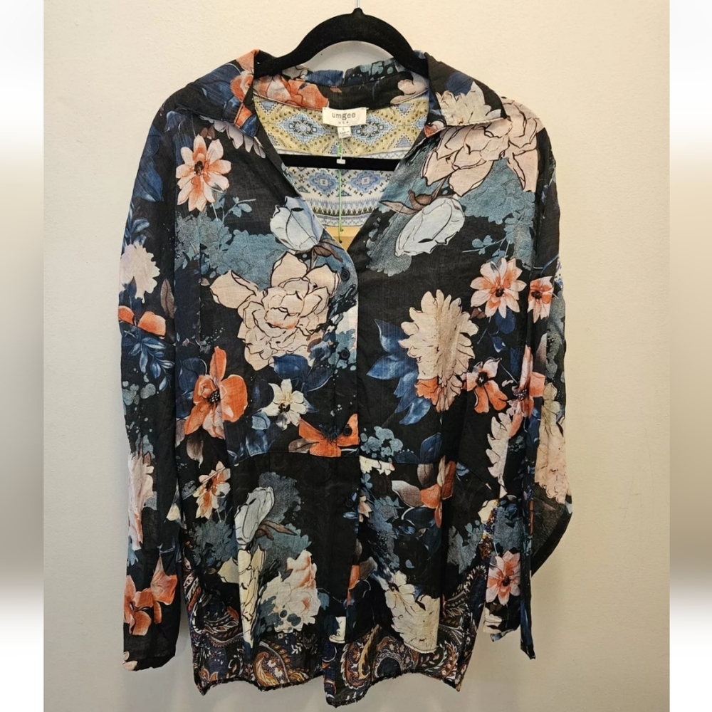 Umgee Floral Boho Button Up Blouse Women Size Medium New